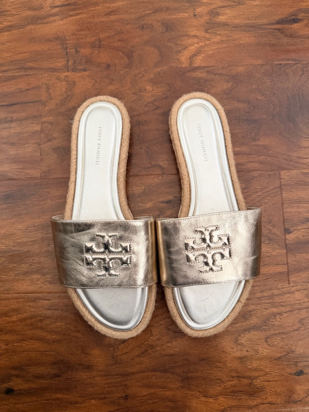 Tory Burch Metallic Gold Espadrille Slide Sandals - Picture 2 of 5
